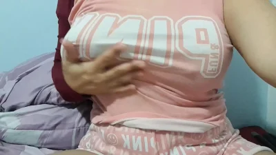 Dirty stepdaughter calls her stepdad who is with her stepmother in the room and shows him her big tits so he can come fuck her.